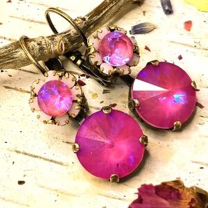 Pink Peony Flower Swarovski Crystal In Two Stone Drop Brass Earrings